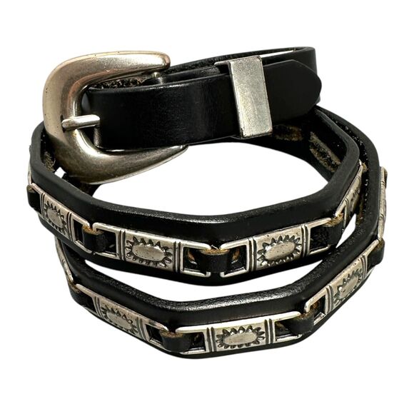 Fossil Black Leather Belt Narrow Silver Tone Metal Plates Womens Size S Western main image 7